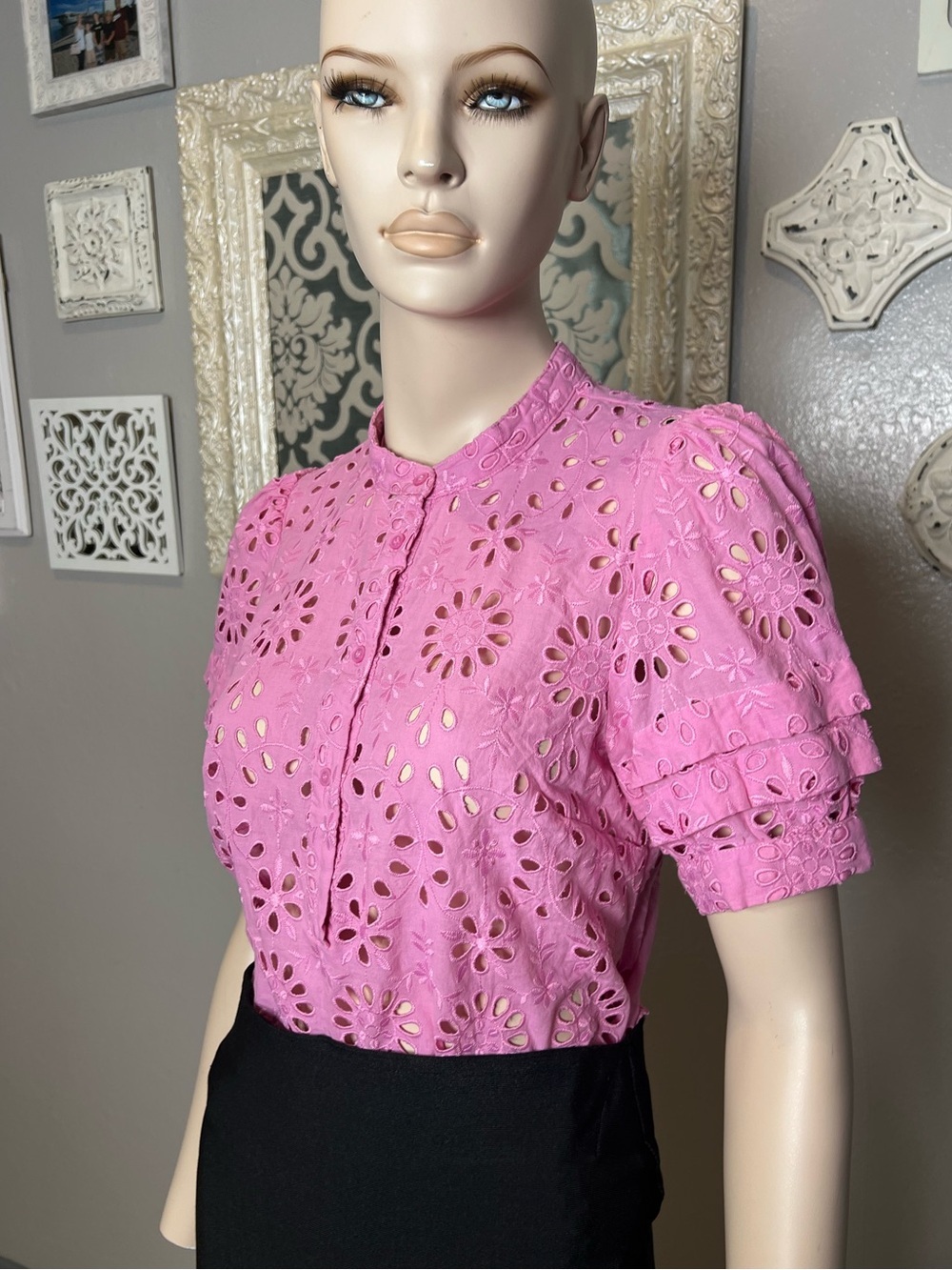 J. Crew Pink Eyelet Short puff Sleeve Blouse